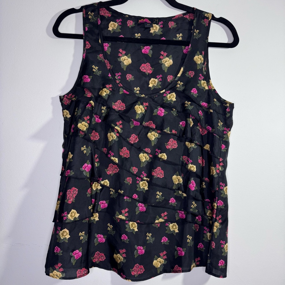 Forever 21 Black Floral 100% Silk Ruffle Tank Top Sleeveless Blouse S Y2K